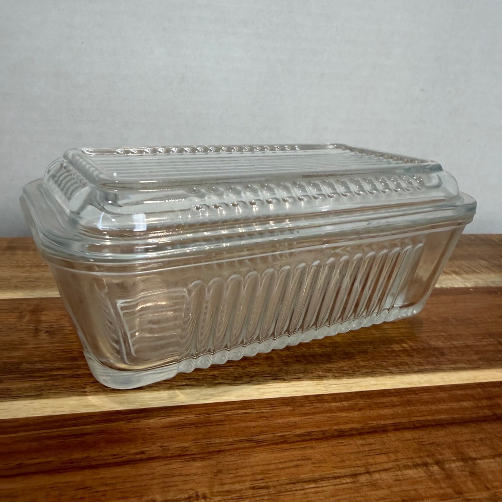 Vintage Clear Ribbed Glass Refrigerator Dish with Lid Rectangular Storage